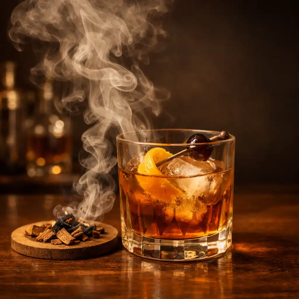 Koktajl Smoked Old Fashioned w szklance, z dymem z wiórków dębowych