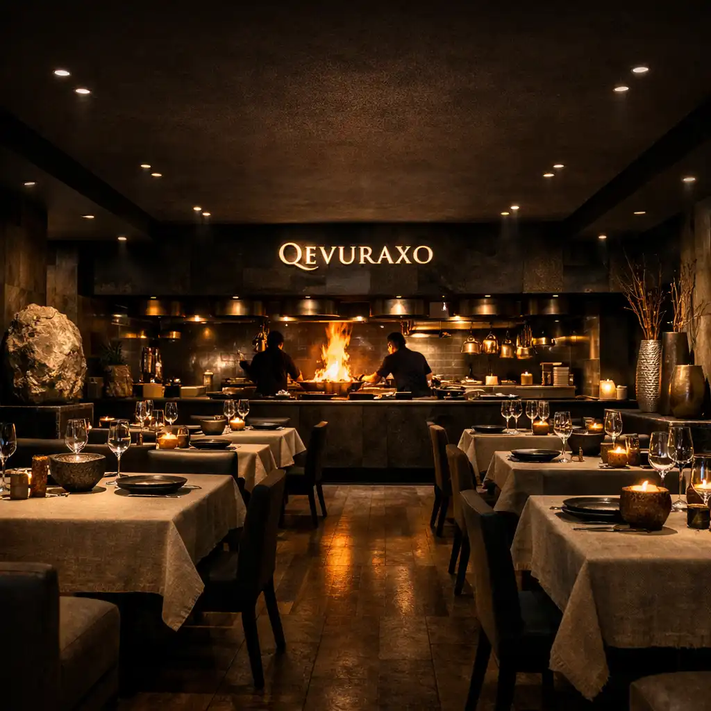Wnętrze restauracji Qevuraxo z otwartą kuchnią i ogniem