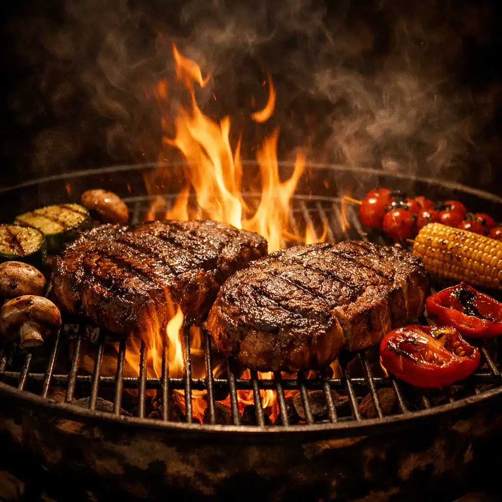 Otwarty grill na węglu drzewnym z płomieniami, na ruszcie steki i warzywa