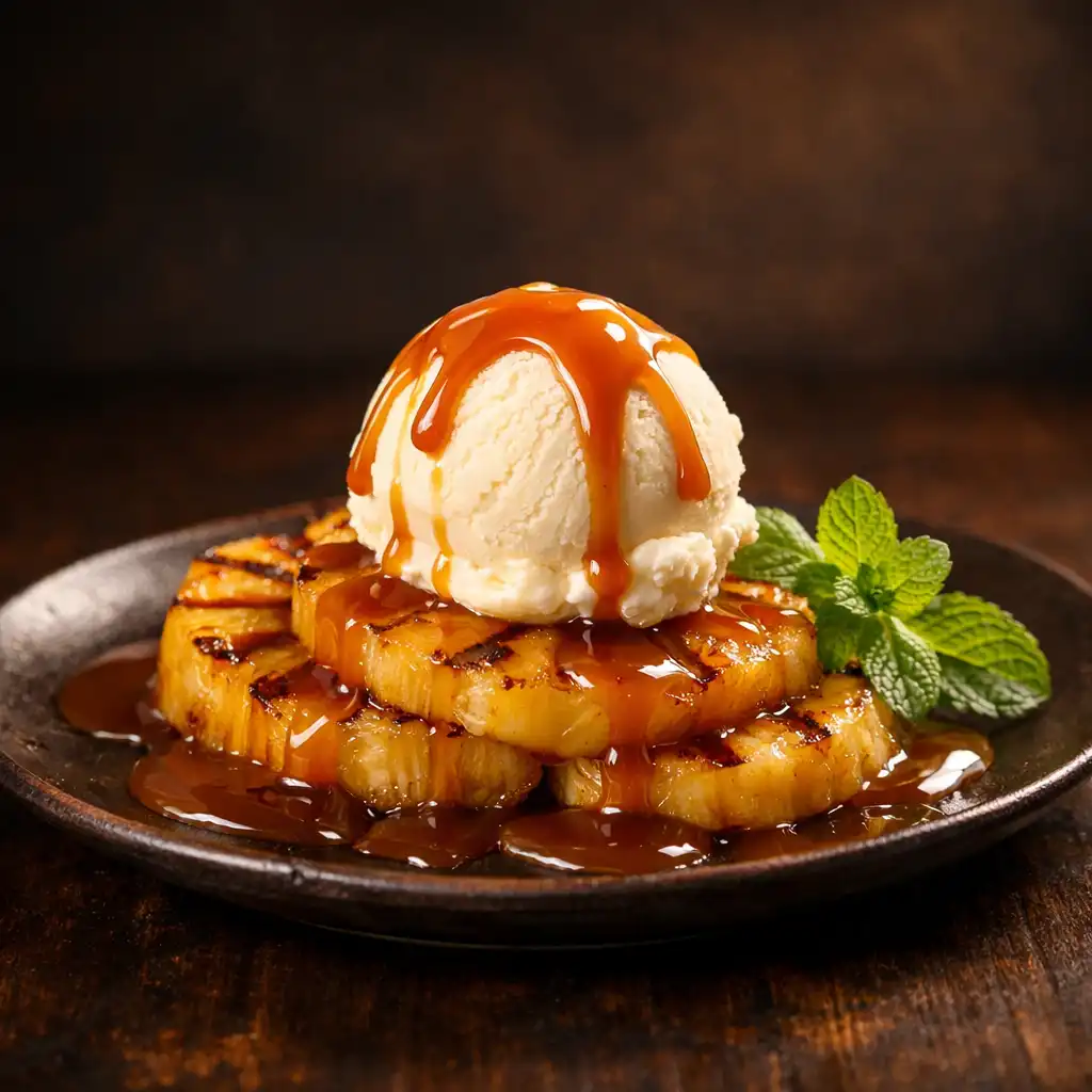 Grillowany ananas z lodami waniliowymi i karmelem