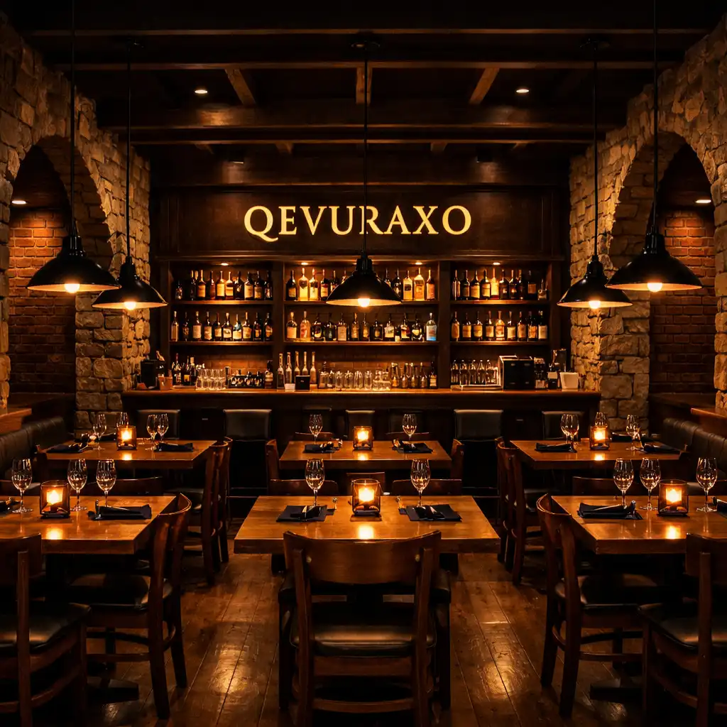 Wnętrze restauracji Qevuraxo z ciemnymi ceglanymi ścianami, drewnianymi stołami i punktowym oświetleniem